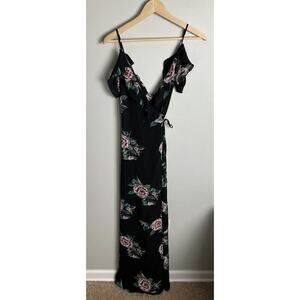 NLW Black Floral Maxi Dress Cold Shoulder Ruffle Wrap Boho Evening Large Women’s